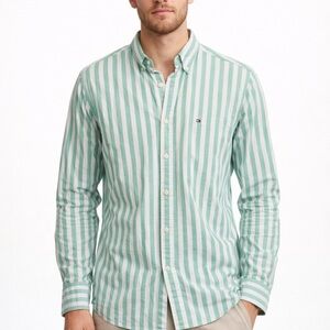 Tommy Hilfiger Green and White Striped Button-Down Shirt